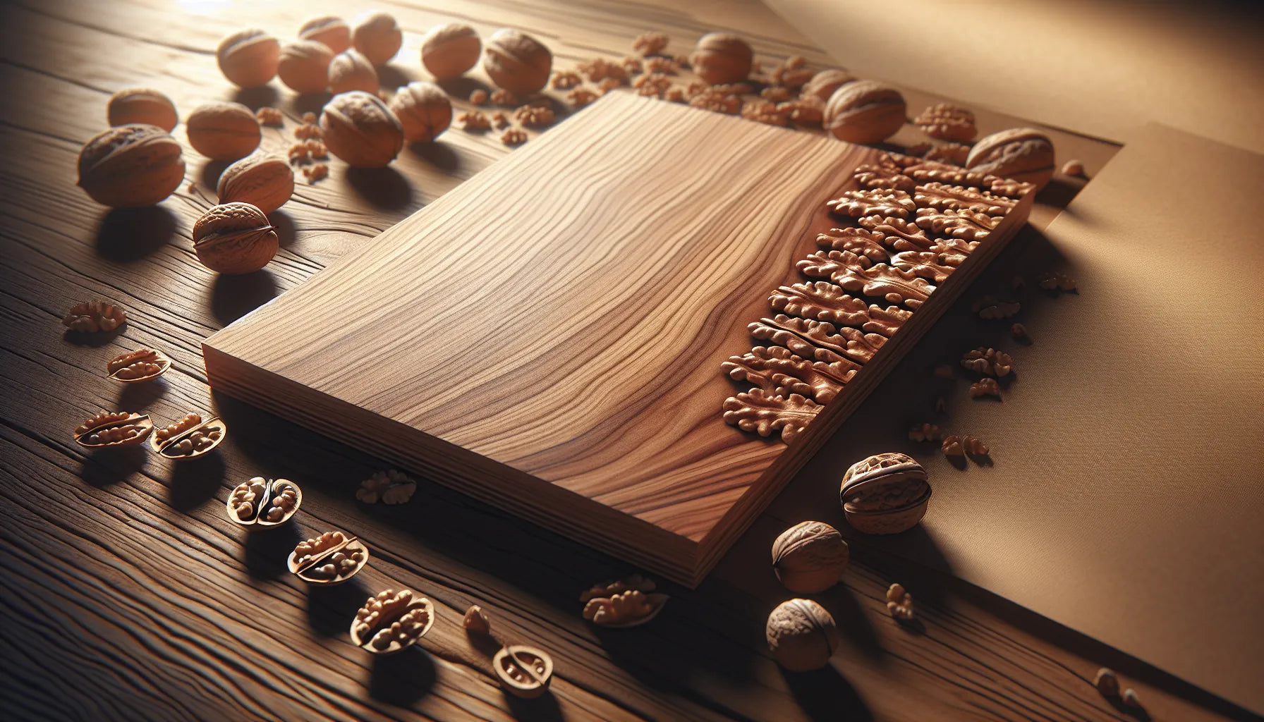 Scena di legno di noce con texture e venature, rappresentativa dell'igroscopicità e della cura ecologica del legno.