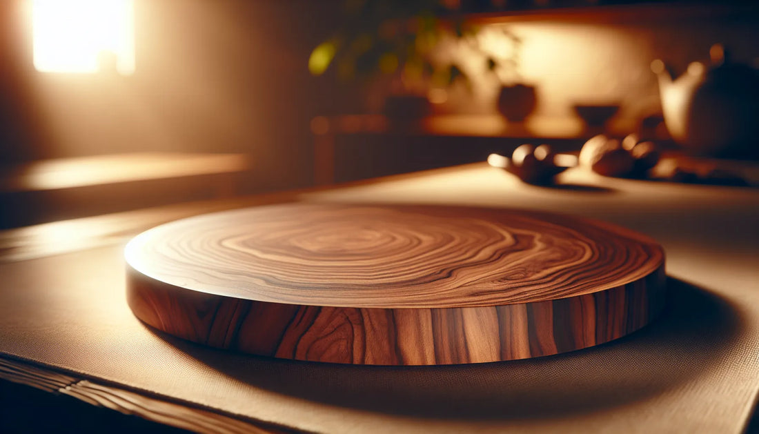 Scena di legno di noce con texture e venature, rappresentante la sua igroscopicità e cura naturale