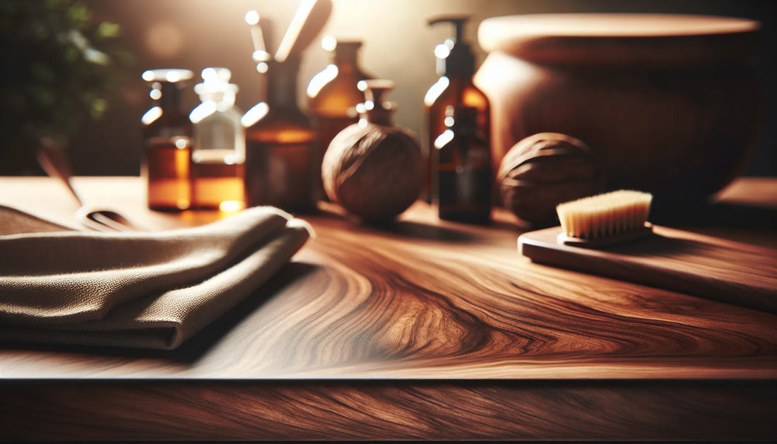 Scena di legno di noce con texture e venature, illuminata da luce morbida, rappresentante la cura e la sostenibilità del legno.