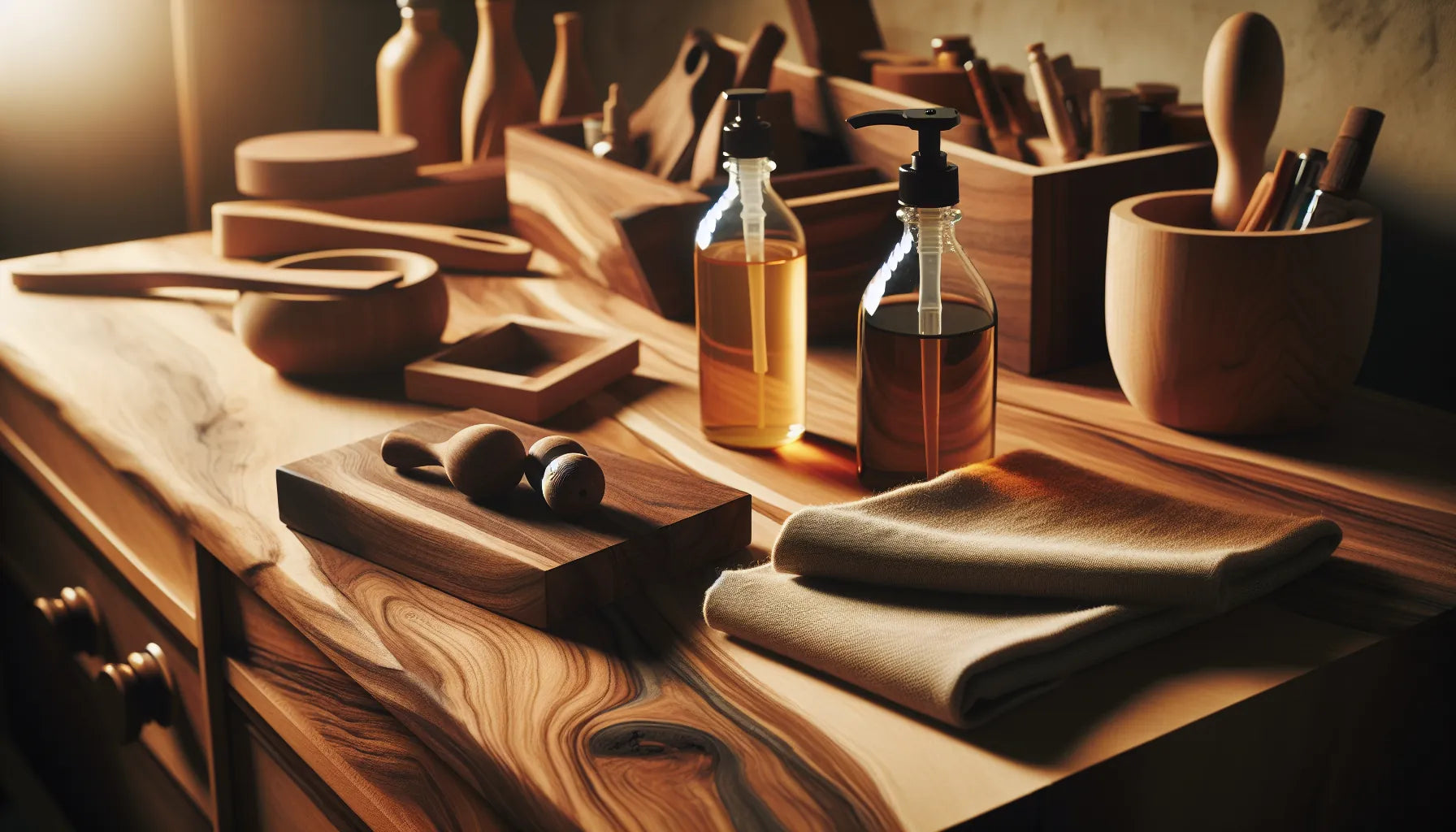 Scena che mostra il legno di noce con texture e venature, evidenziando tecniche di protezione naturale con oli e cere.