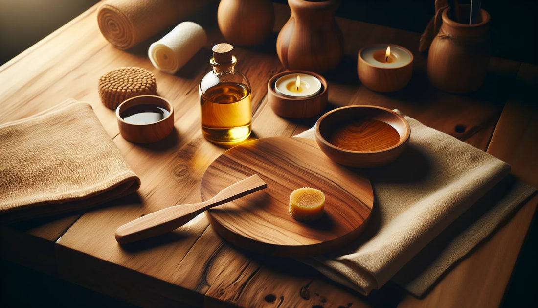 Scena di cura del teak con olio naturale e cera, evidenziando venature e texture del legno