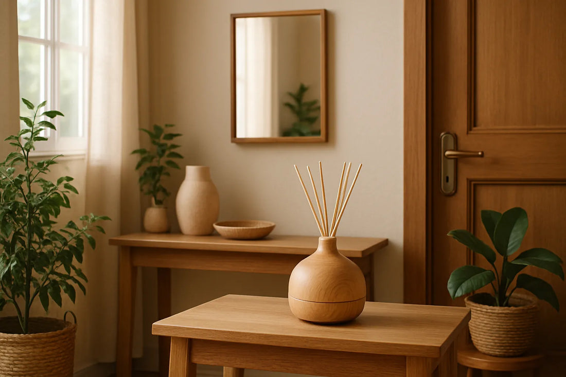 Ingresso elegante con diffusore di profumo e dettagli in legno naturale