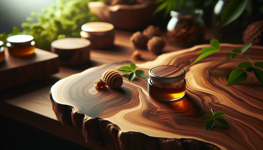 Scena di legno di noce trattato con propoli, evidenziando venature e texture naturali