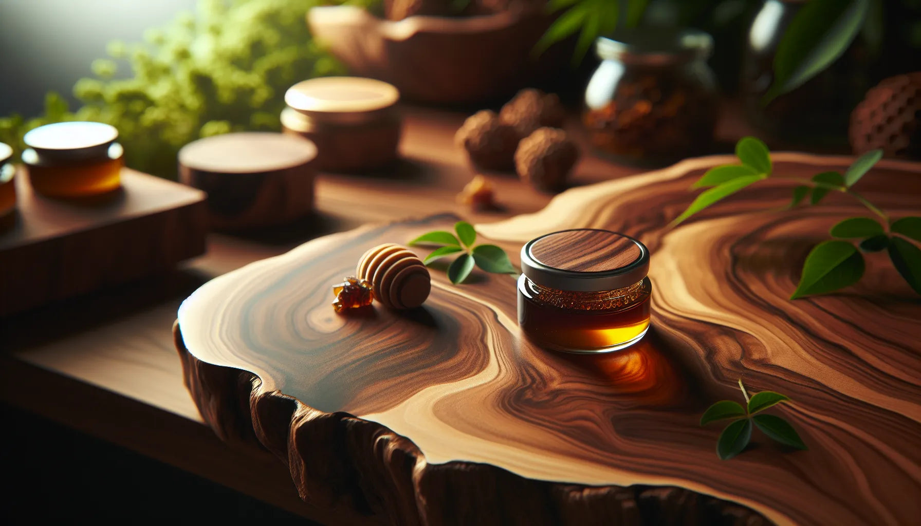 Scena di legno di noce trattato con propoli, evidenziando venature e texture naturali