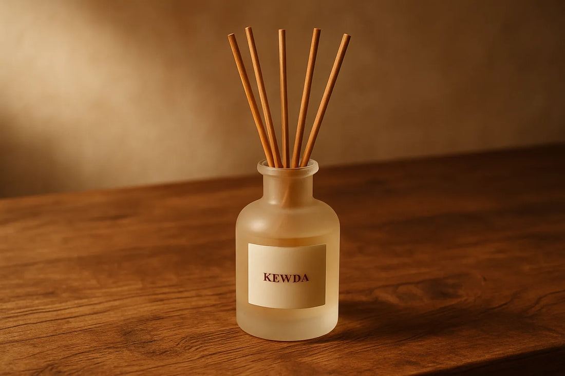 Scena evocativa con diffusore di Kewda su un tavolo in legno, atmosfera calda e naturale