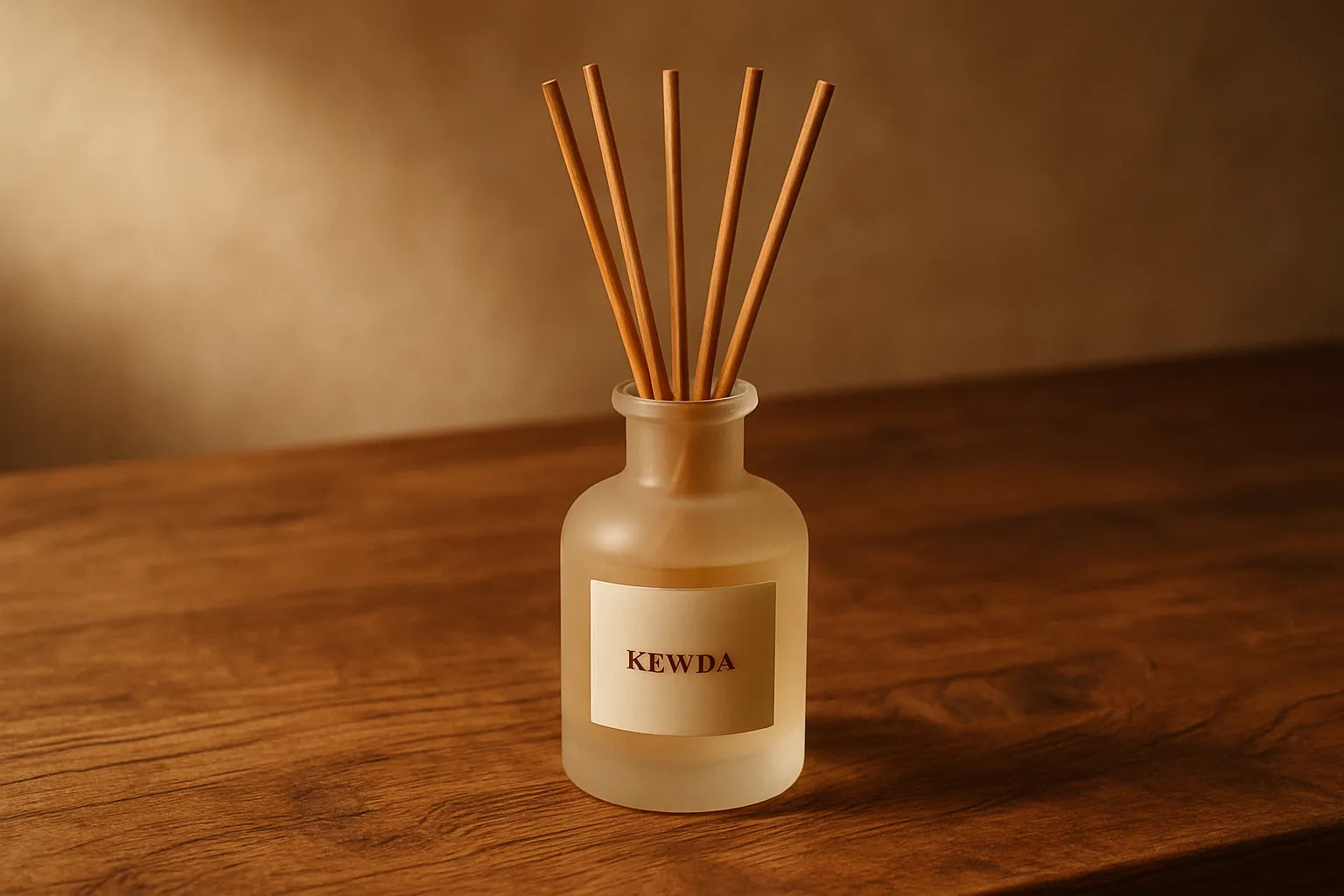 Scena evocativa con diffusore di Kewda su un tavolo in legno, atmosfera calda e naturale