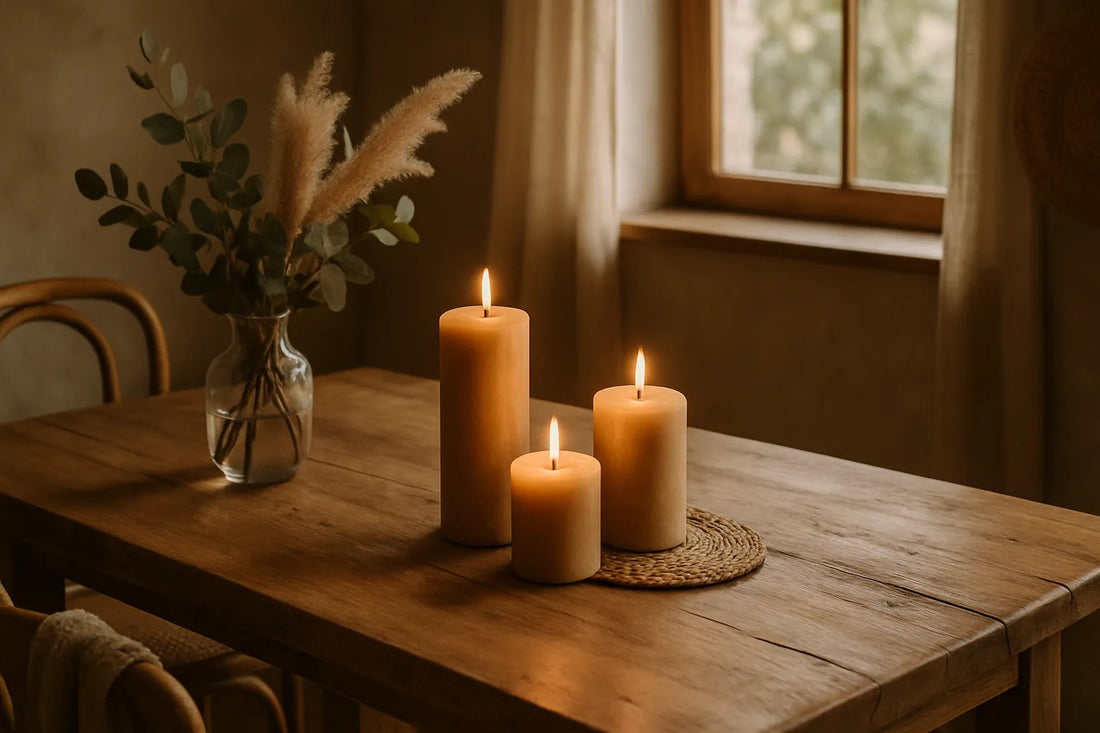 Scena evocativa di un ambiente domestico profumato con labdano, mostrando legno e texture naturali.