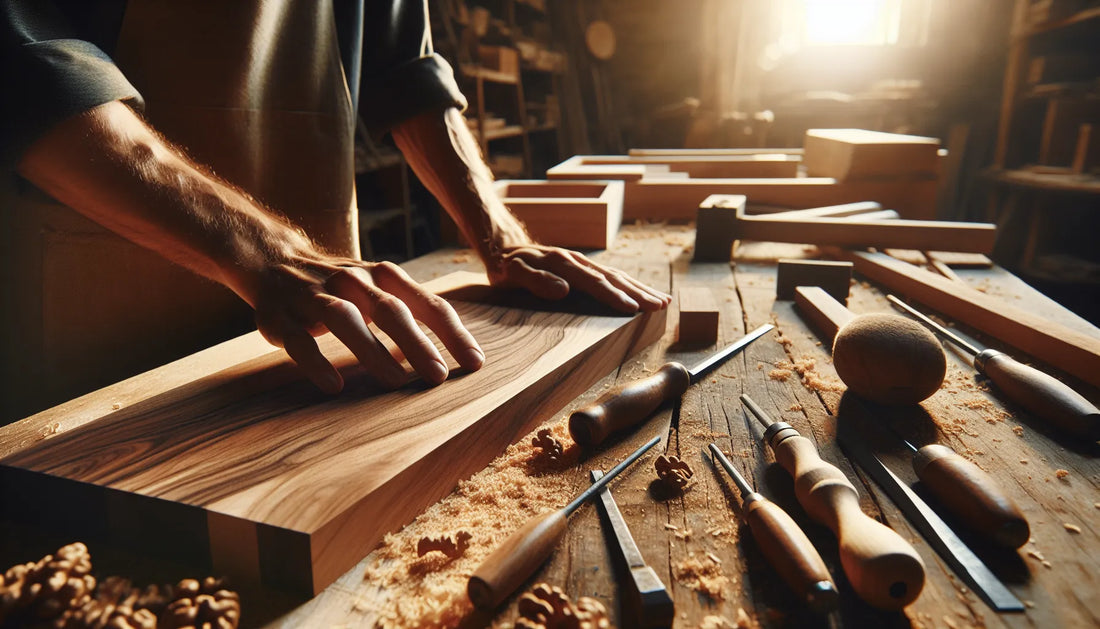 Scena di lavoro artigianale su legno di noce con oli e cere naturali