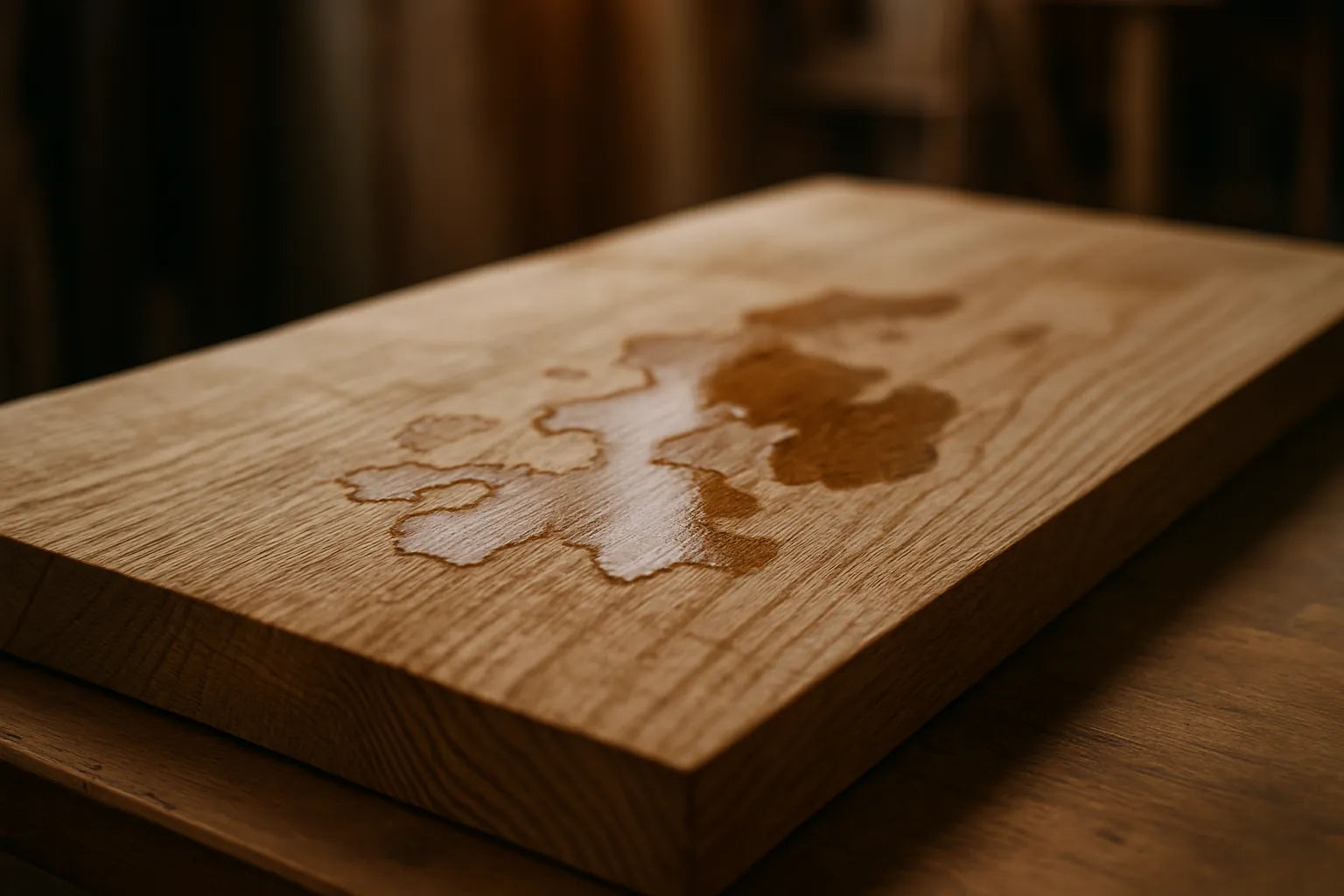 Scena di legno grezzo che mostra segni di assorbimento, con texture e venature evidenti.