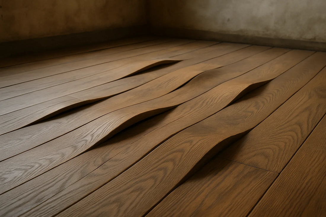 Scena di un pavimento in legno con rigonfiamenti visibili, in un ambiente umido e poco ventilato, che illustra il tema del gonfiore del legno.