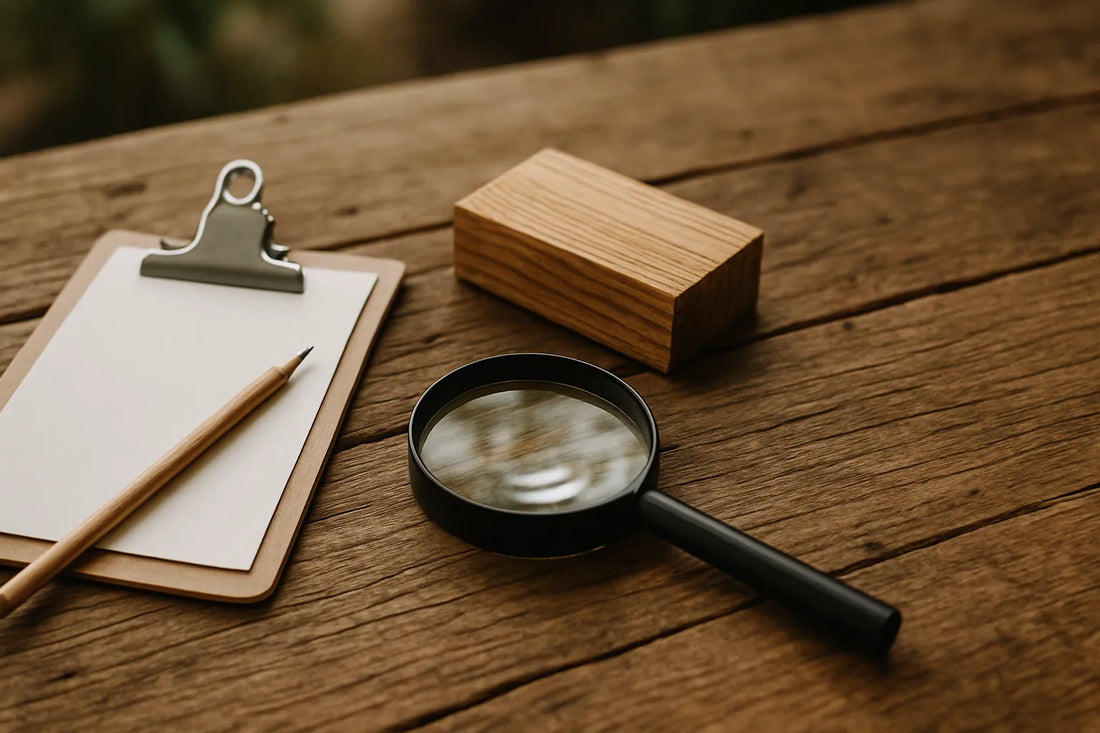 Scena di legno recuperato con texture e venature, evidenziando la valutazione degli odori