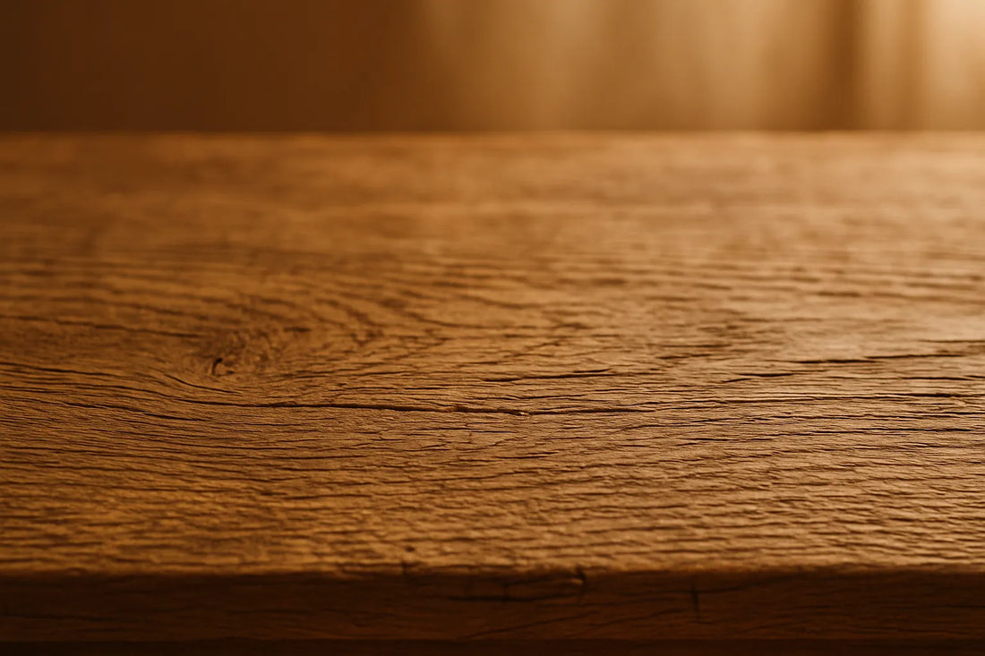 Superficie di legno in rovere con texture visibile, evidenziando la secchezza al tatto e la necessità di trattamento.