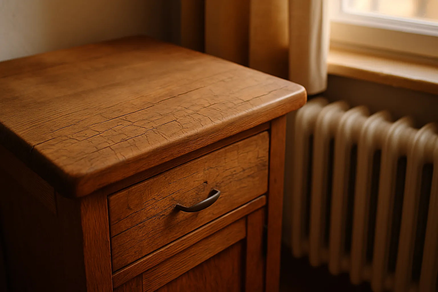 Mobili in legno vicino a un termosifone, evidenziando segni di secchezza e manutenzione