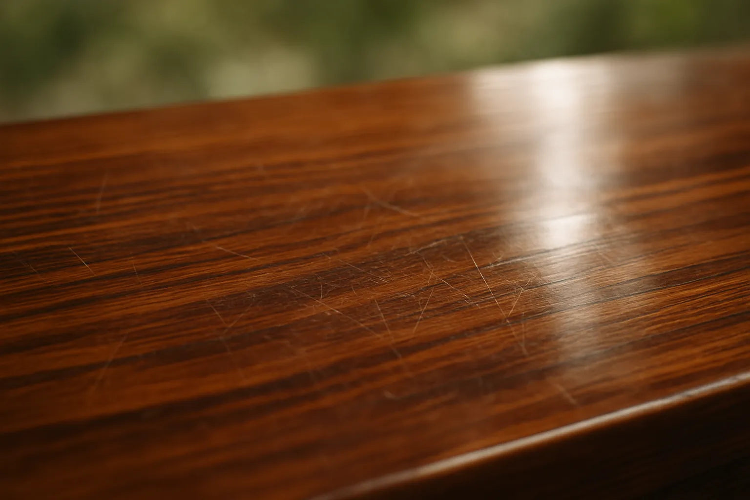 Superficie di legno verniciato lucido con riflessi e texture naturali, evidenziando l'opacità e i micrograffi.