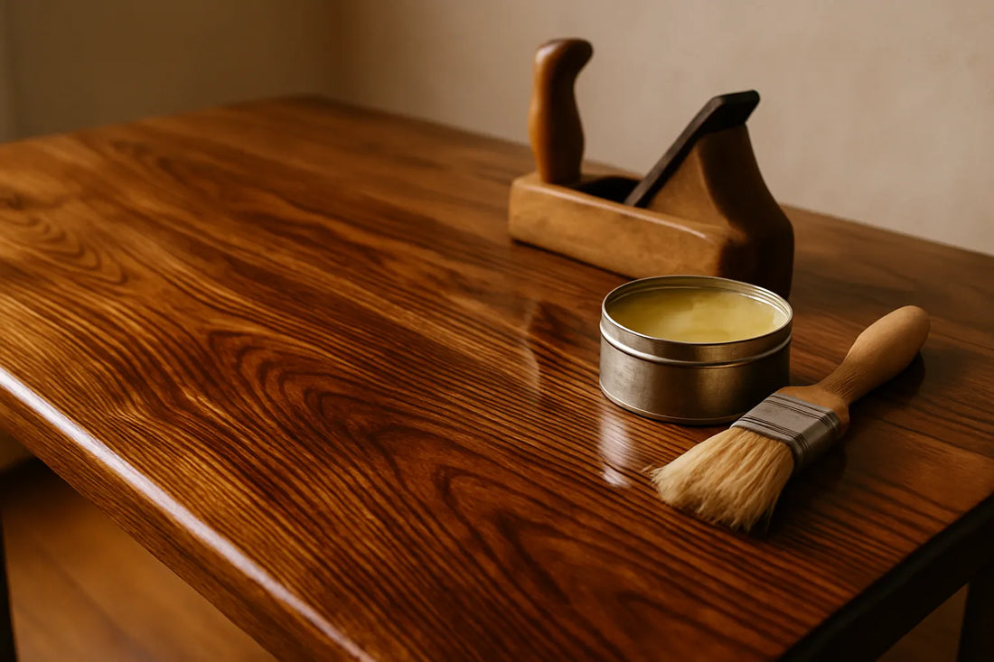 Scena di legno lucidato con cera e gommalacca, evidenziando venature e texture naturali