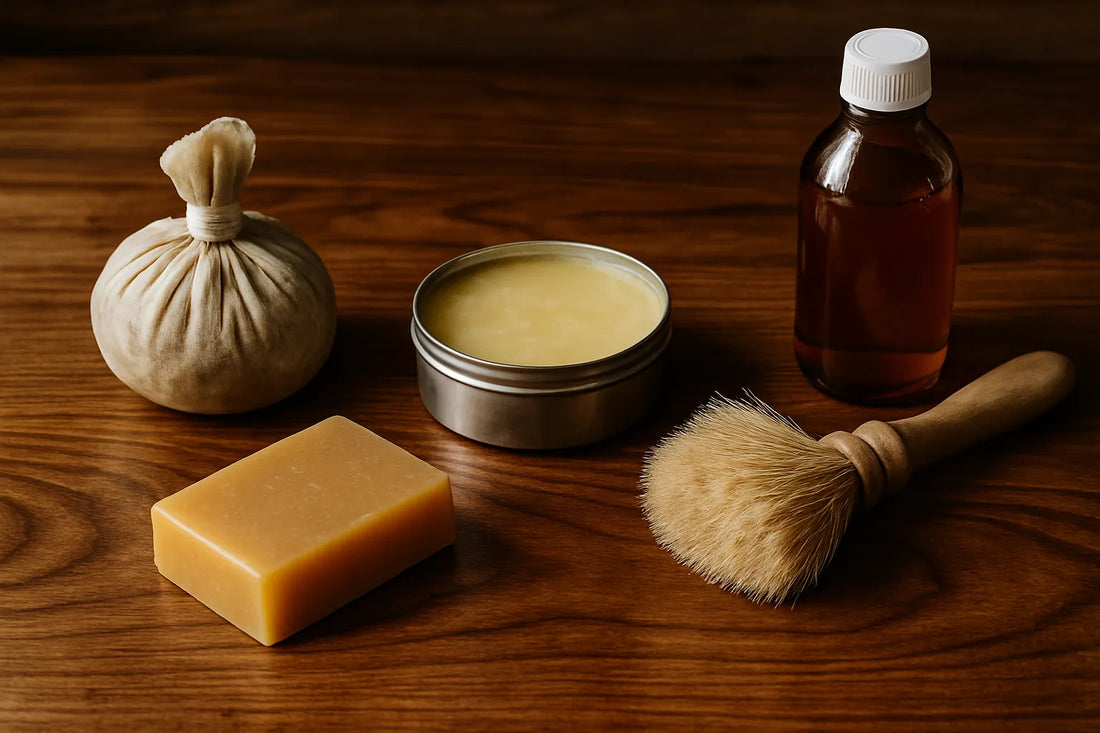 Scena di legno lucidato con cere e gommalacca, mostrando texture e finiture naturali