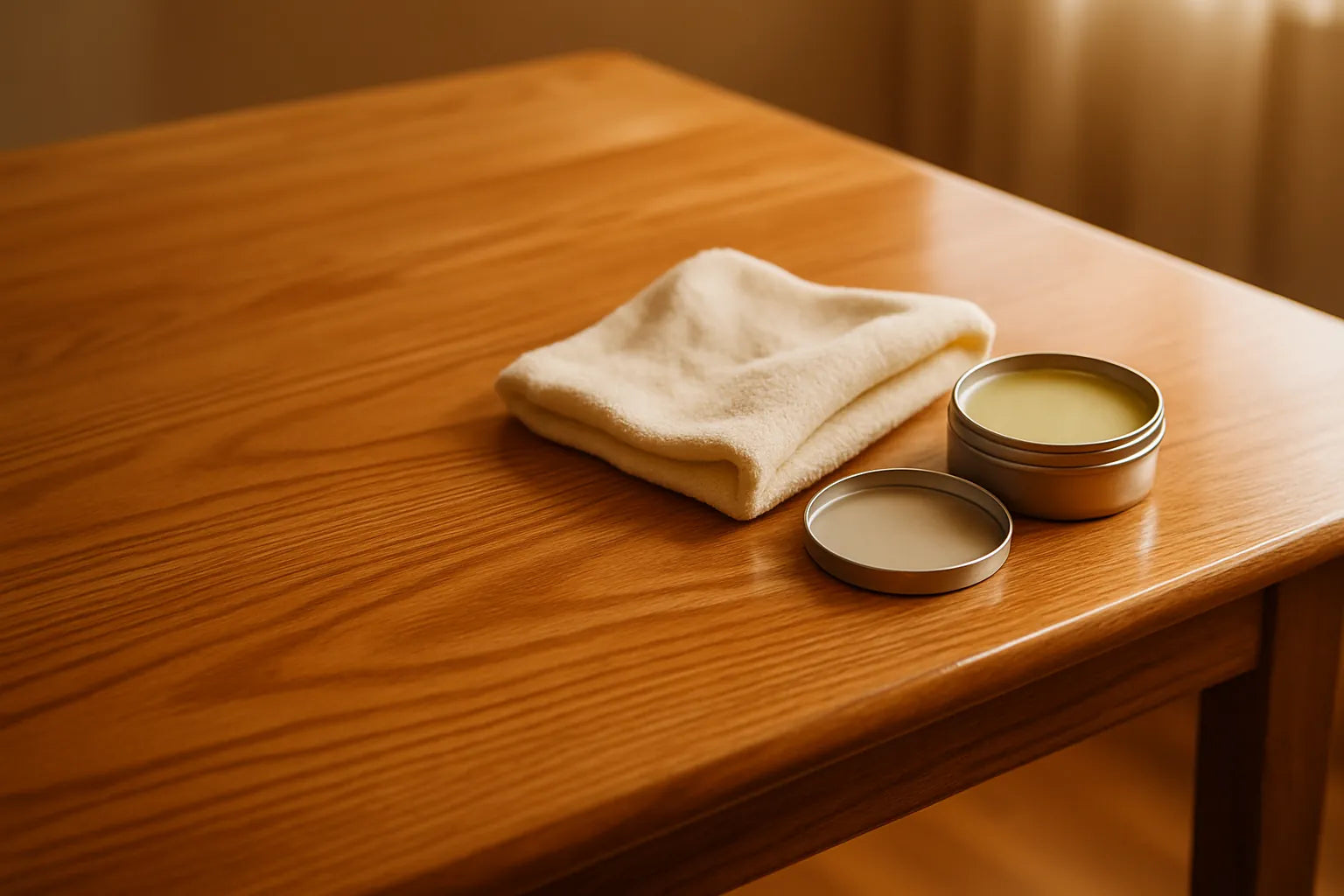 Scena di legno naturale lucidato con cera e gommalacca, evidenziando texture e venature