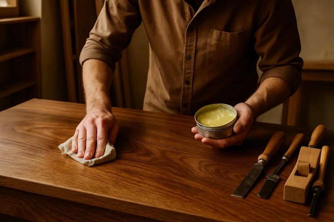 Scena di un artigiano che lucida un mobile in legno con cera naturale, evidenziando venature e texture del legno in un ambiente caldo e autentico.