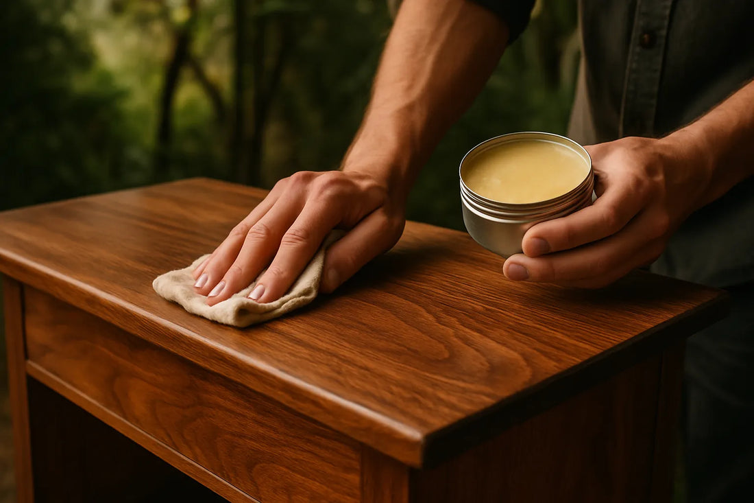 Scena di lucidatura del legno con cera naturale su una superficie di legno pregiato, evidenziando venature e texture.