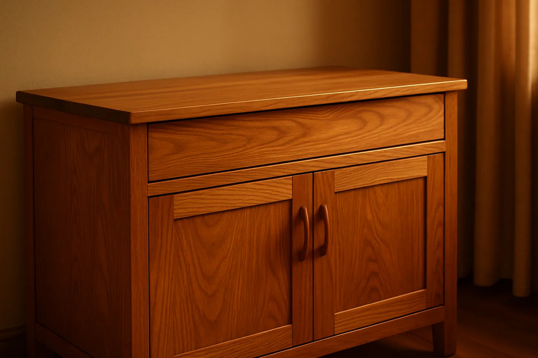 Scena di un mobile in legno lucido con finitura naturale, evidenziando venature e texture.