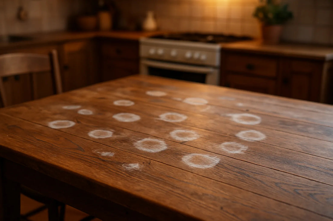 Tavolo in legno con macchie bianche da umidità, evidenziando texture e venature