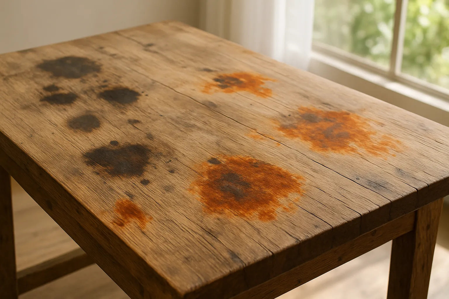 Scena di legno con macchie da metallo, evidenziando texture e venature