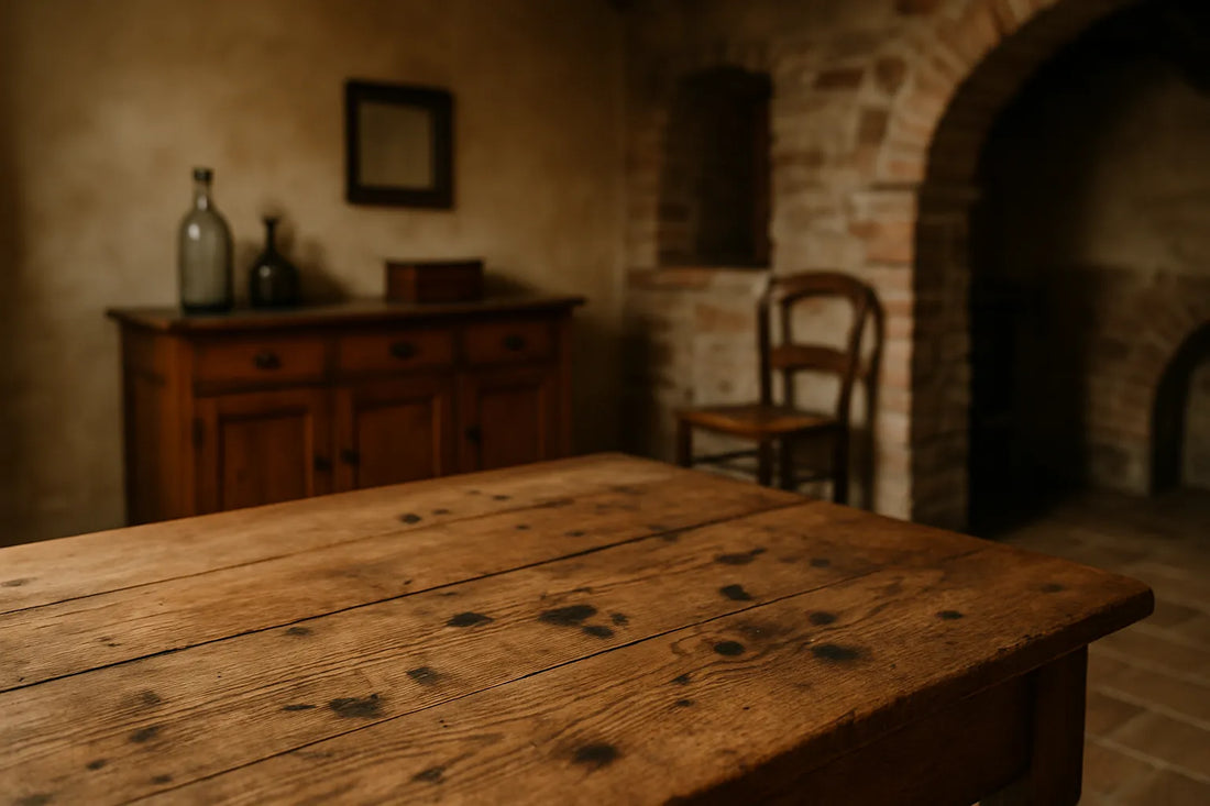 Scena di legno trattato con macchie nere visibili, evidenziando texture e venature