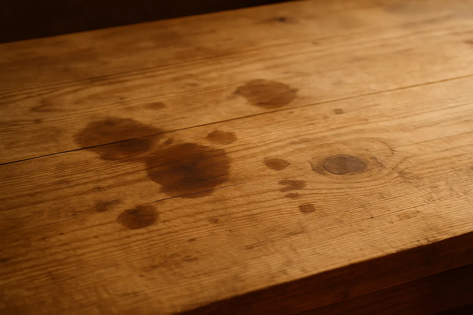Un tavolo in legno con macchie di unto visibili, evidenziando la texture e le venature del legno.