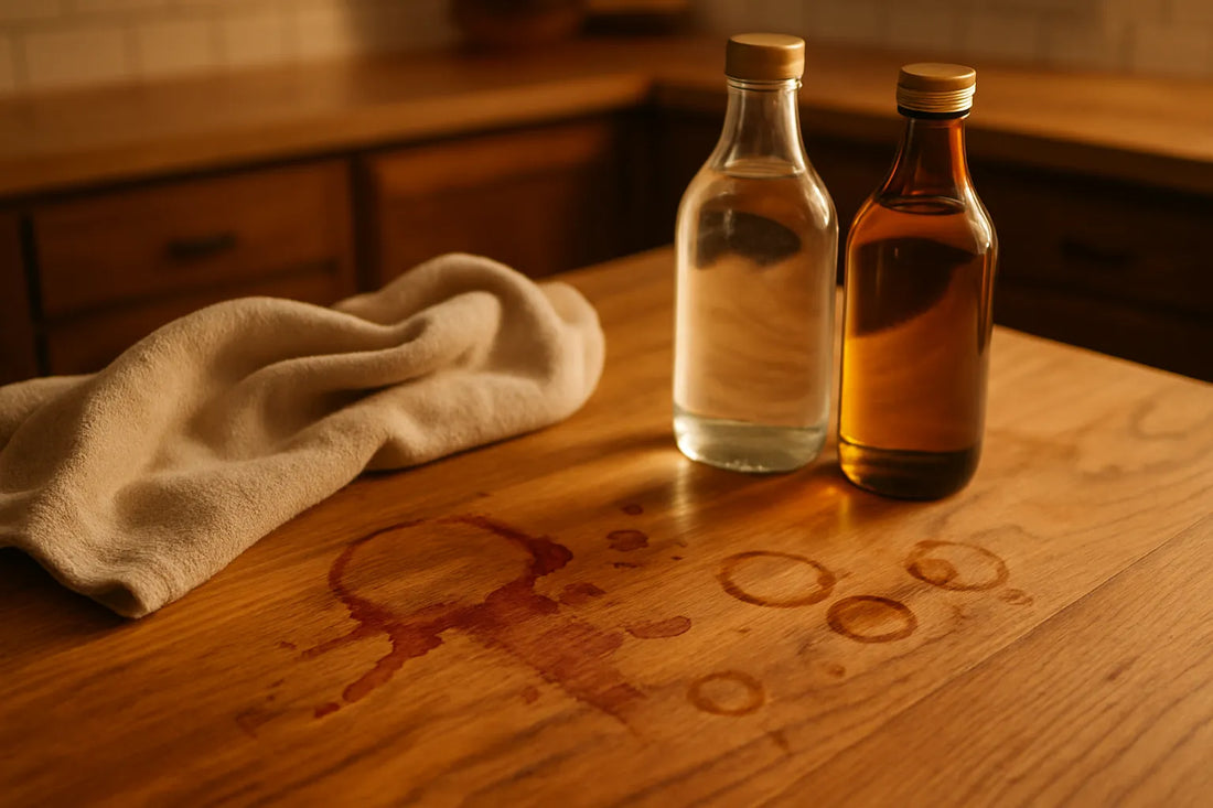 Superficie in legno oliato con macchie di vino e caffè, panno e prodotti naturali per la pulizia