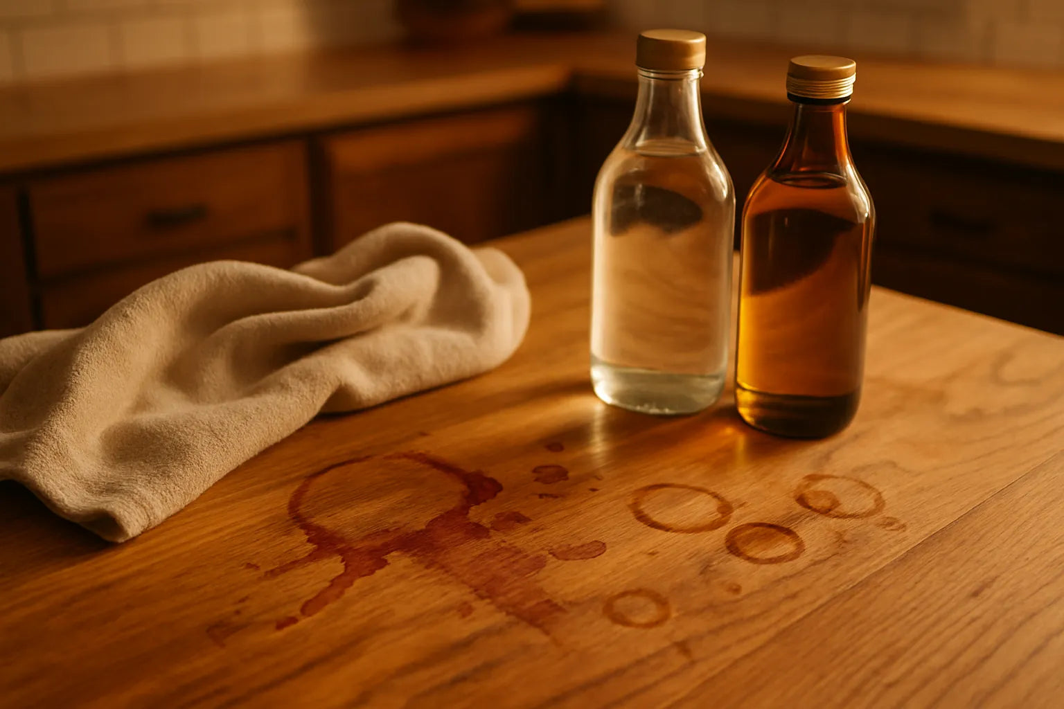 Superficie in legno oliato con macchie di vino e caffè, panno e prodotti naturali per la pulizia