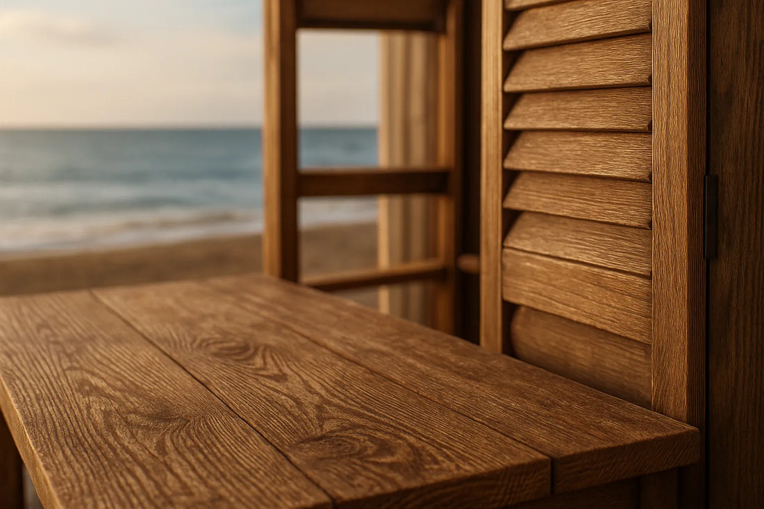 Scena di legno costiero esposto alla salsedine con texture naturali e luce morbida