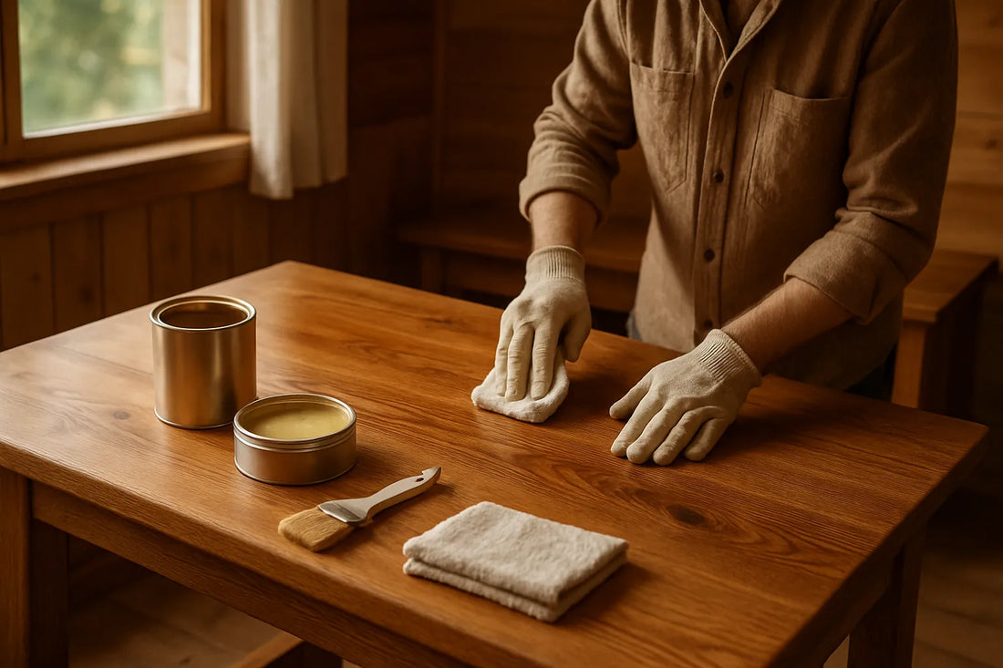 Scena di manutenzione del legno in una seconda casa con finiture naturali