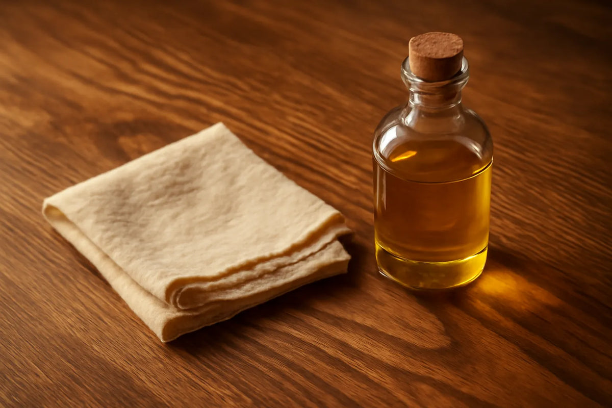 Scena di cura del legno con oli naturali e cere ecocompatibili su una superficie in legno pregiato.