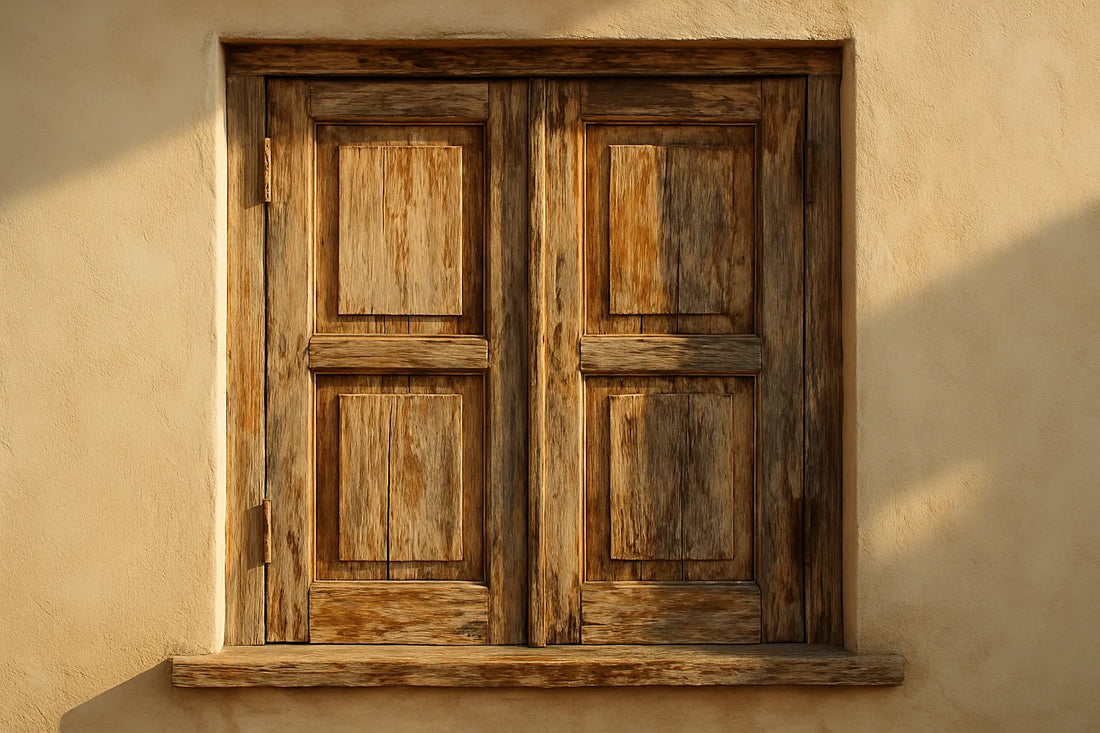 Serramenti in legno esposti al sole con segni di scolorimento e manutenzione