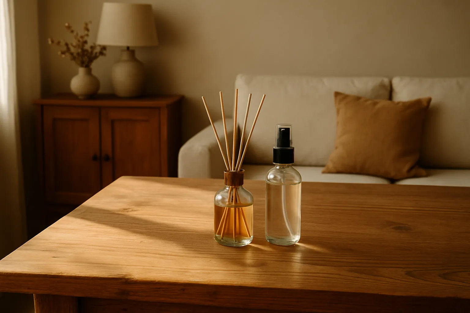 Scena di un ambiente domestico con diffusori naturali e profumi, legno e superfici naturali
