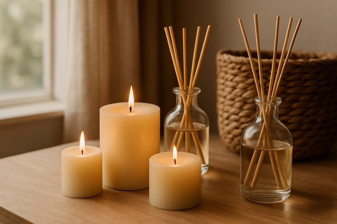 Scena evocativa di un ambiente domestico profumato con candele naturali e diffusori in legno, che esprime un'identità olfattiva unica.
