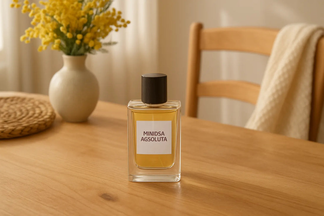 Scena di un ambiente domestico con elementi in legno e profumi di mimosa