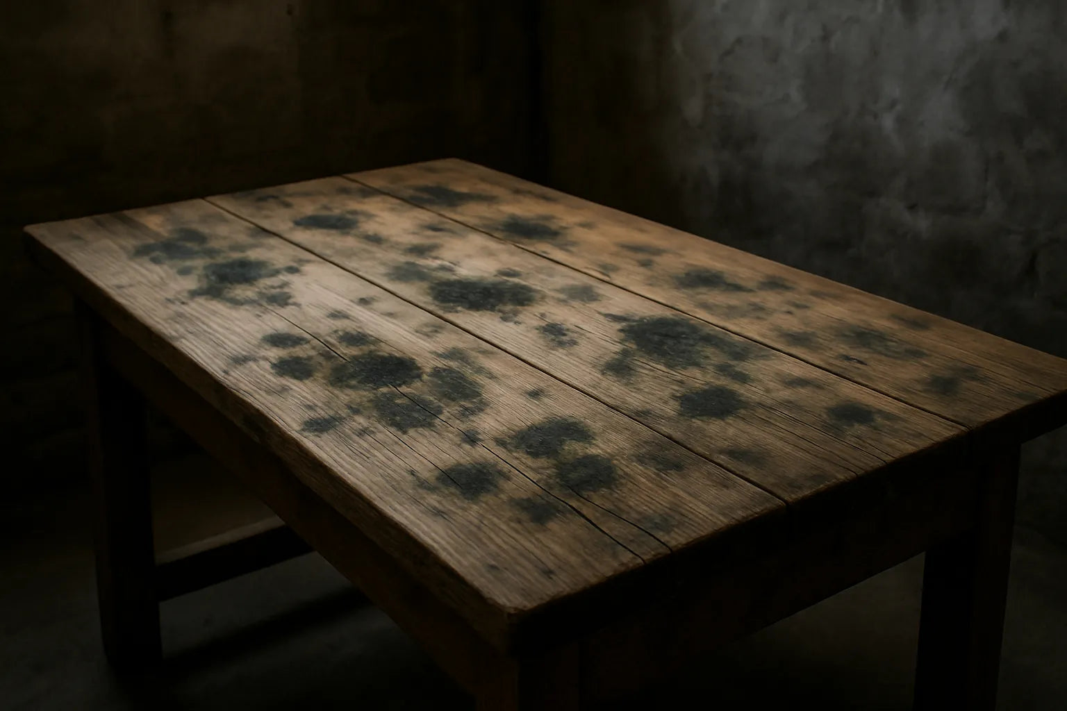 Scena di legno con segni di muffa in un ambiente poco ventilato, evidenziando texture e venature naturali.