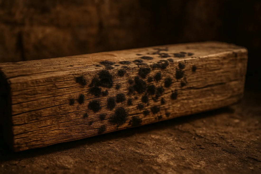Scena di legno con macchie di muffa in un ambiente umido e naturale