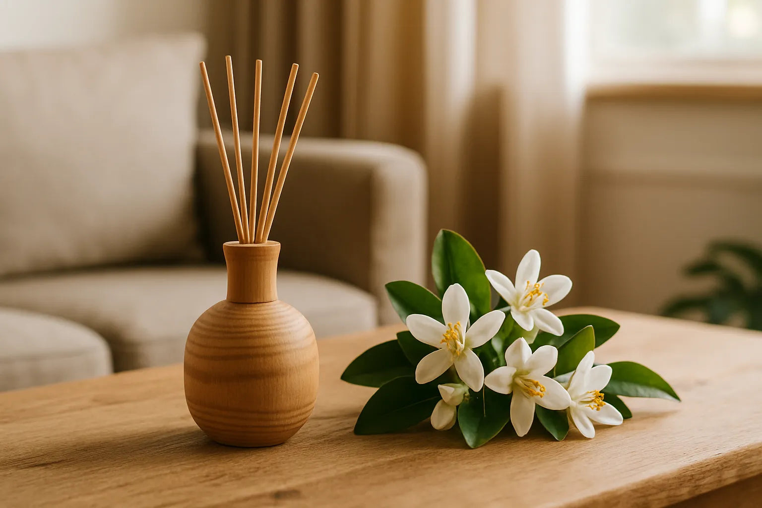 Scena evocativa di un ambiente domestico profumato al neroli con elementi naturali e legno