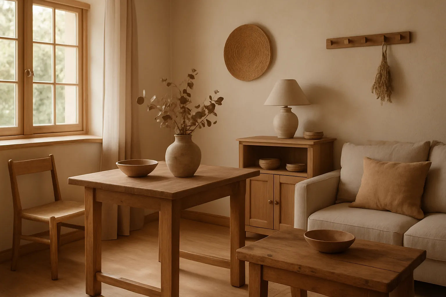 Interno di una casa con elementi naturali e legno, atmosfera accogliente e leggera