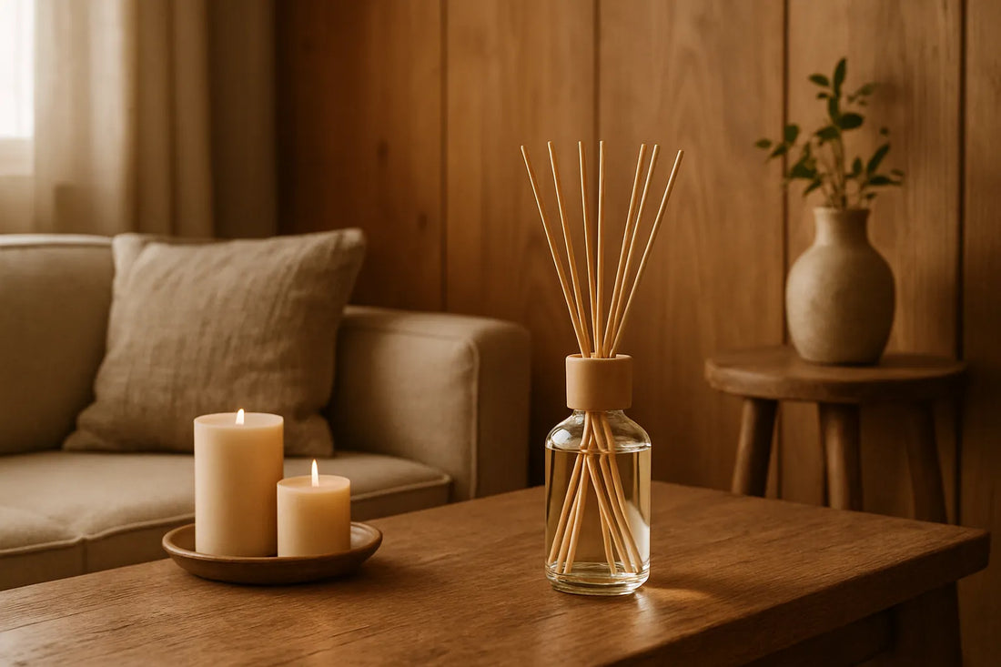 Scena evocativa di un ambiente domestico con diffusori a bastoncino e legno naturale