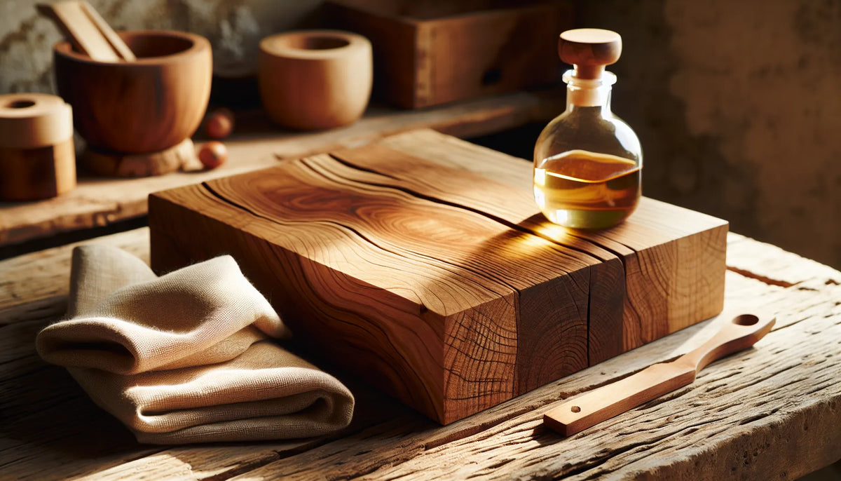Scena di trattamento del legno di castagno con oli e cere naturali, mostrando venature e texture del legno in un ambiente autentico.