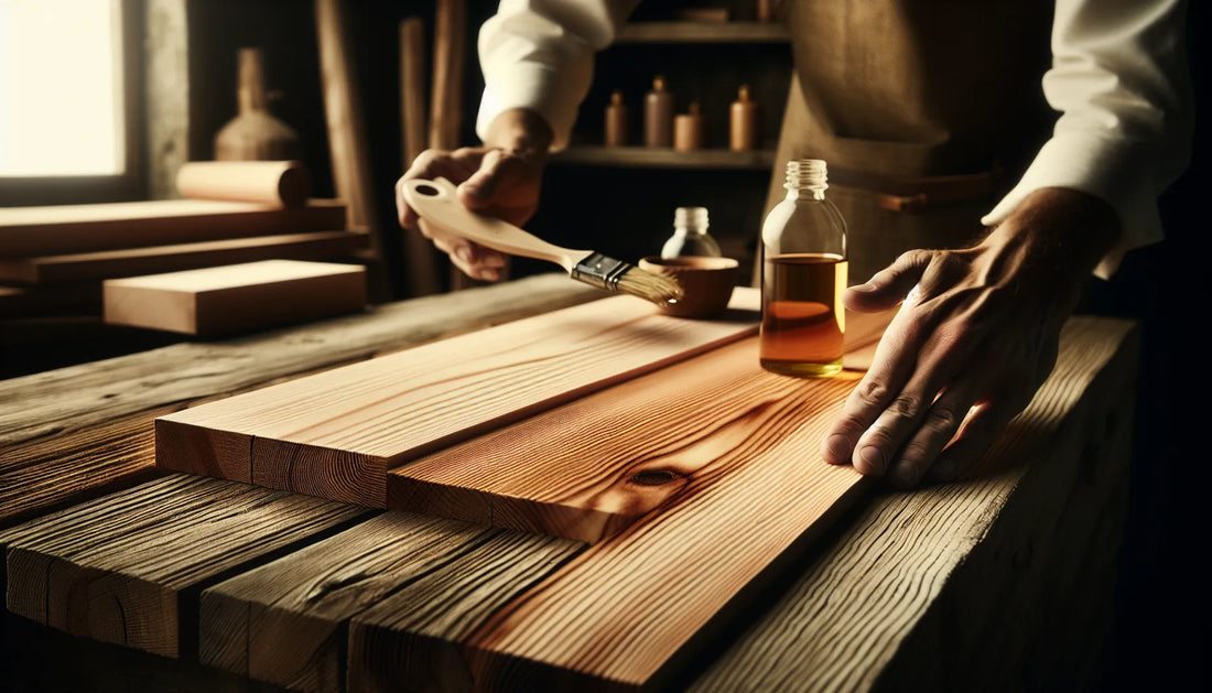 Scena di applicazione di oli naturali su legno di cedro, evidenziando texture e venature