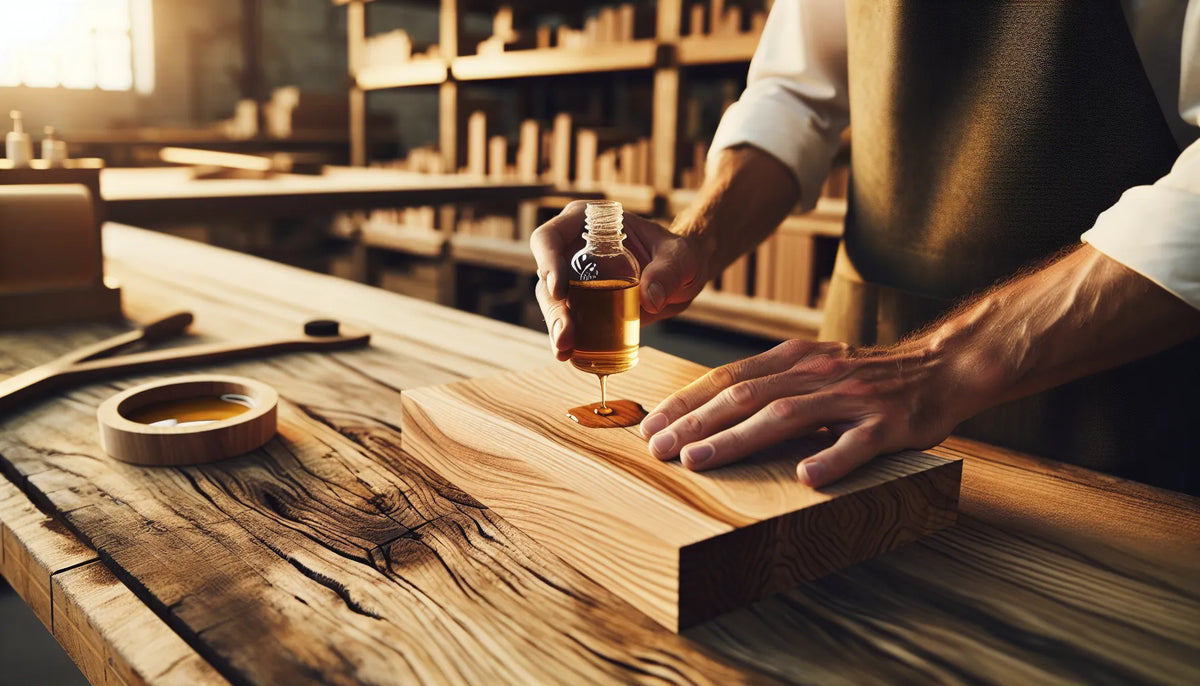 Scena di applicazione di oli naturali su legno di teak con venature visibili