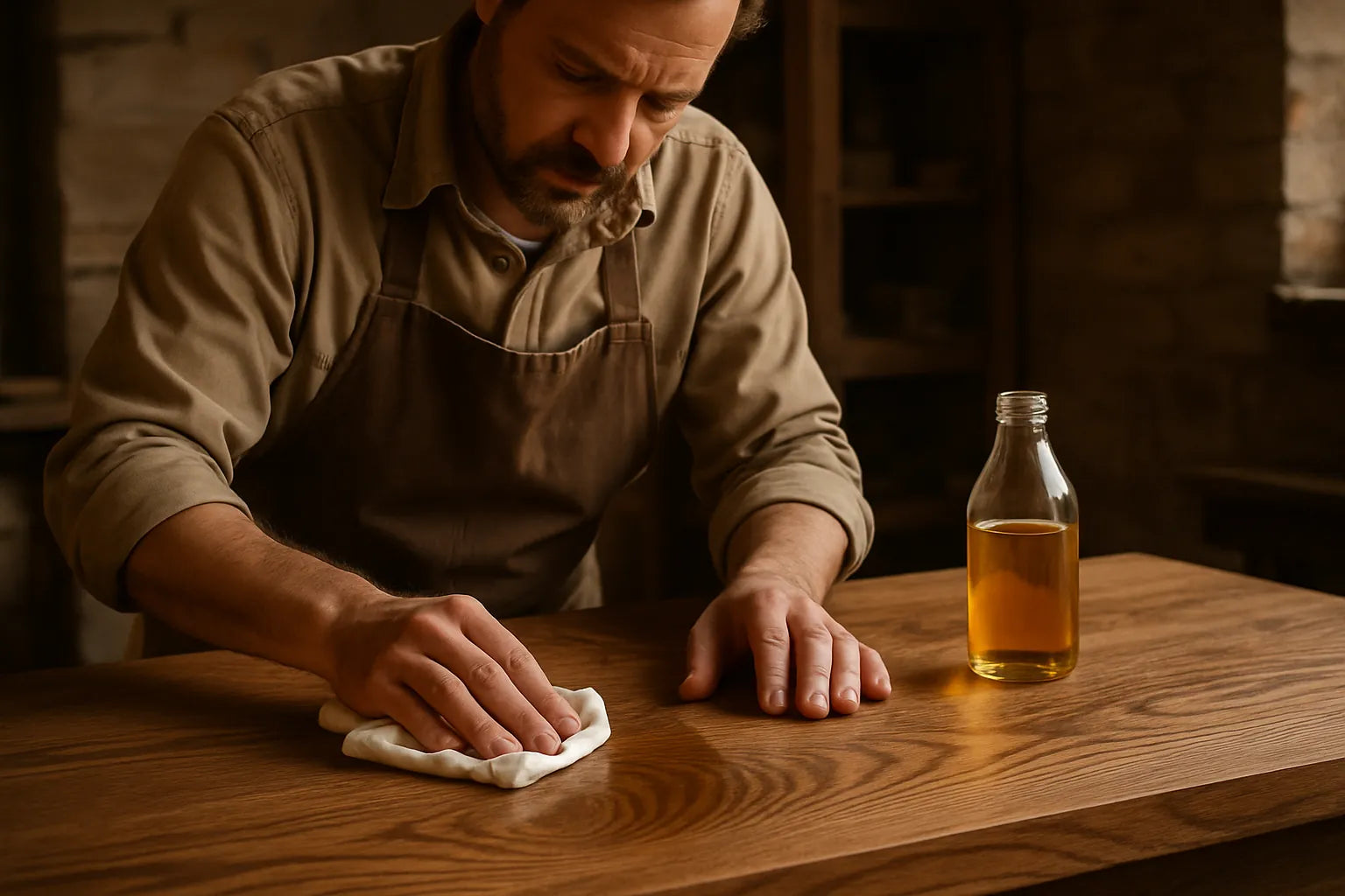 Scena di applicazione dell'olio di lino su legno massello con texture visibili e luce morbida