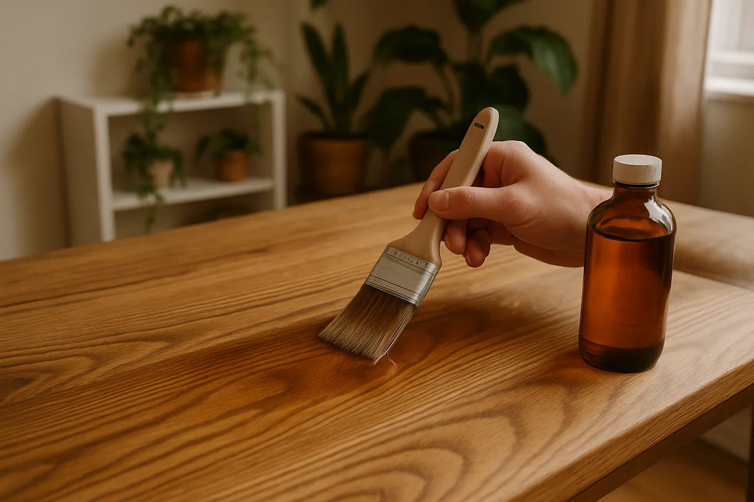Scena di legno naturale con olio di tung applicato su una superficie, evidenziando texture e venature