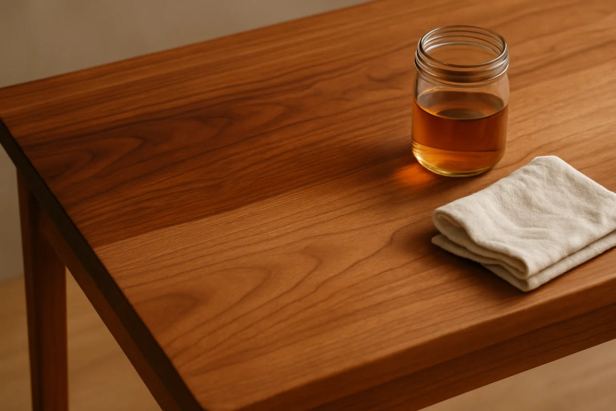 Scena di legno trattato con olio, evidenziando le venature e il cambiamento di colore