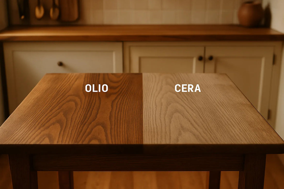 Un tavolo in legno con finiture olio e cera, mostrando texture e venature naturali.