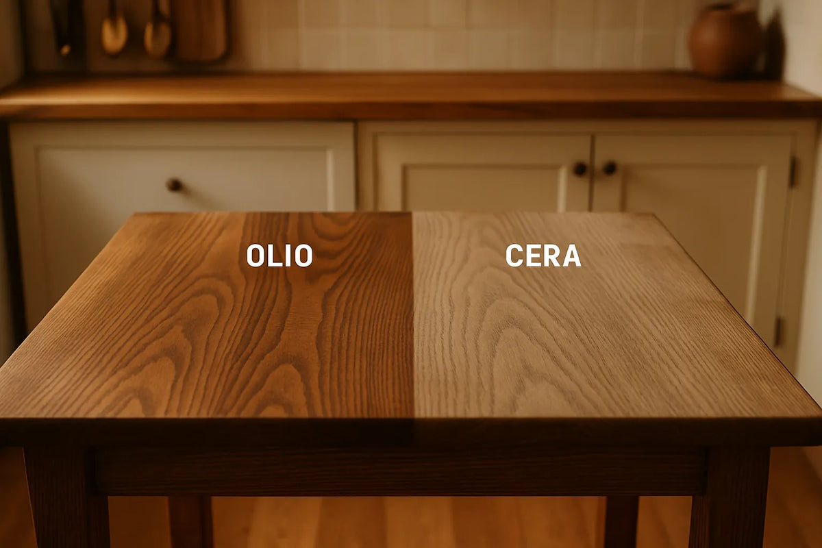 Un tavolo in legno con finiture olio e cera, mostrando texture e venature naturali.